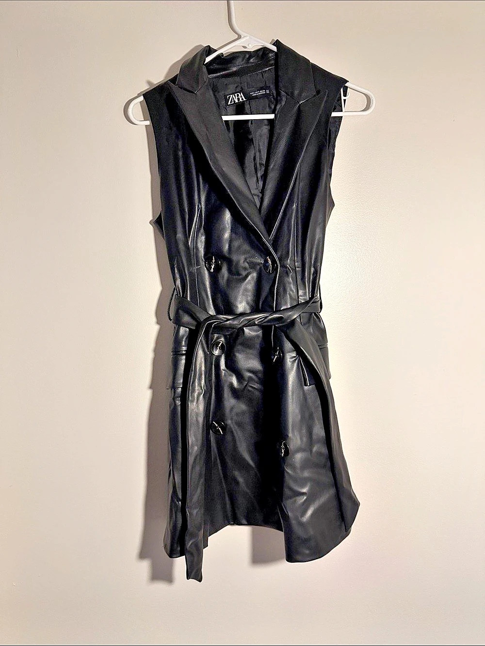 Zara Black Faux Leather Belted Vest dress Size small Like New